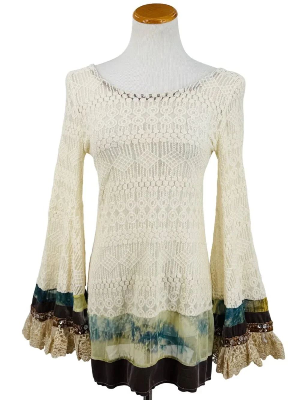 RARE Free People Embellished Bell Sleeve Lace Tunic Mini Dress S/M | Boho Indie
